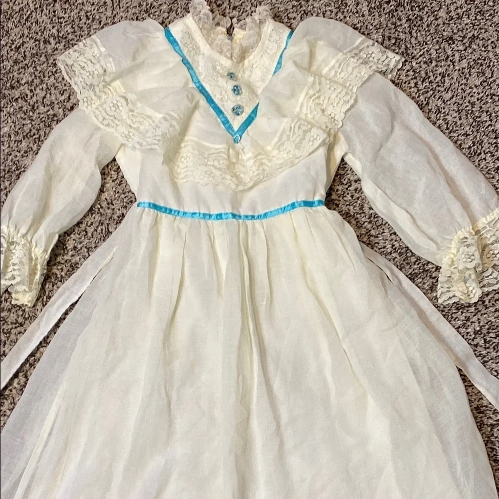 Vintage White and Blue Ruffled Tiered Bridal Gown